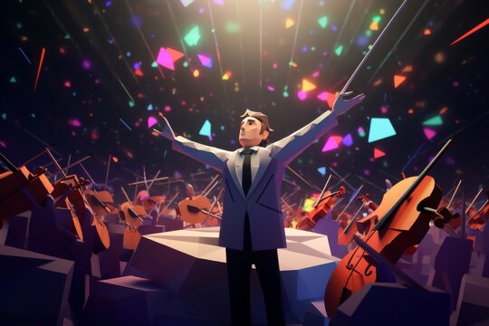 Capture the energy and passion of a conductor leading a symphony orchestra low poly