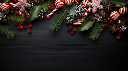 happy Christmas background with the concept of plants and Christmas ornaments on a black background