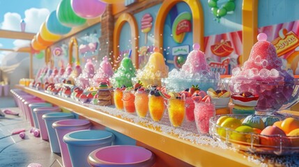 Artisanal shaved ice creations at a 3D animated food festival, colorful booths