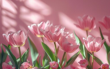 Pink tulips in spring on ​bright pastel background. Mockup product presentation. advertisement. copy space.