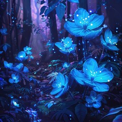 Fototapeta na wymiar A cluster of flowers that glow with bioluminescence lighting up a mystical grove