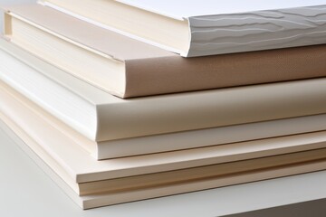 A close up image of a book pile on a tableStudio shot luxurious design elegant simplicity - obrazy, fototapety, plakaty
