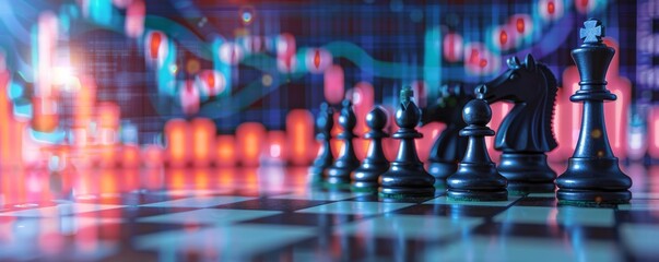 Financial markets and chess strategy collide with a board set against stock graphs and the drama of thunderclaps - obrazy, fototapety, plakaty