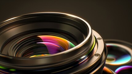 Detailed view of a DSLR lenss lens elements emphasizing the complex optical design with colorful reflections - obrazy, fototapety, plakaty