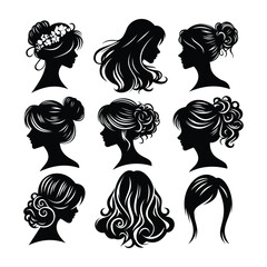 NINE VECTOR SILHOUETTE SET OF WOMAN HAIR STYLES ISOLATED ON WHITE BACKGROUND