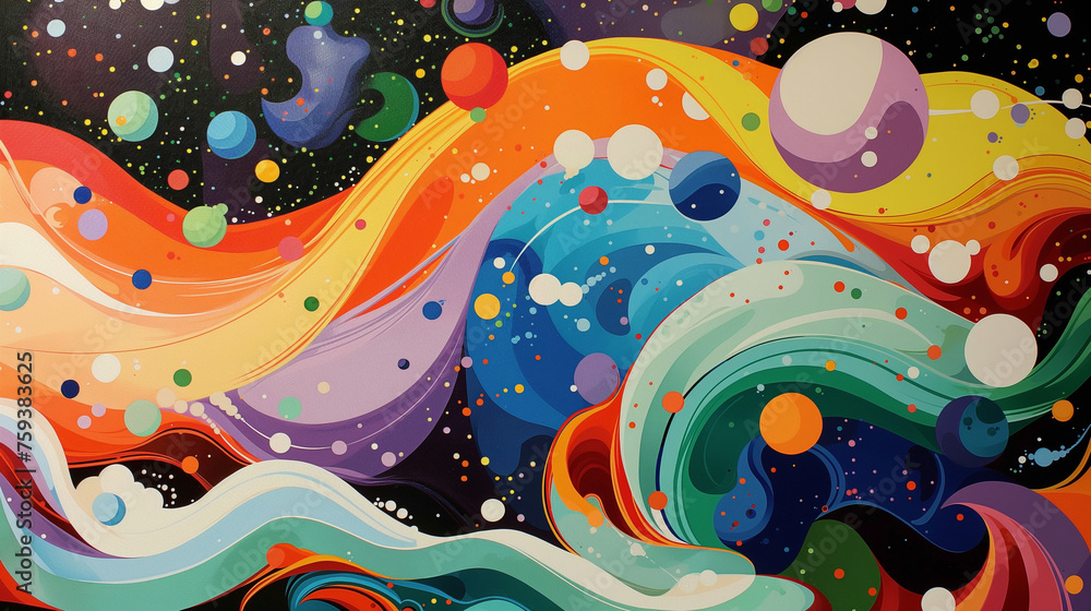 Poster spectacular abstract art design swirling circles dynamic pop art waves and drops in brightly colored
