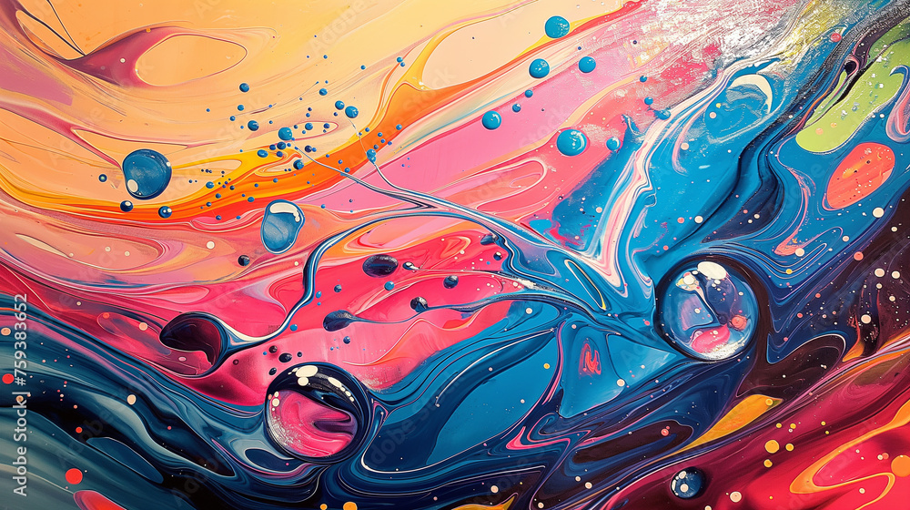 Poster spectacular abstract art design swirling circles dynamic pop art waves and drops in brightly colored