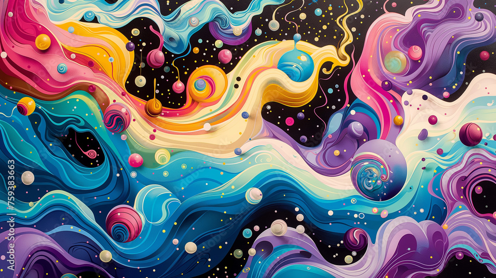 Poster spectacular abstract art design swirling circles dynamic pop art waves and drops in brightly colored