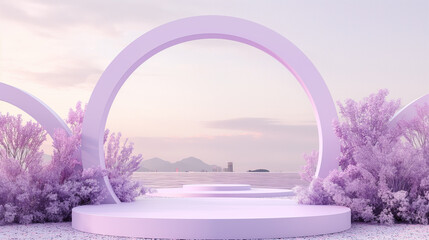 stadium, a colorful, minimalist circular empty product stand standing tall against the quiet mountains. mountains, lake, sunset, sunrise landscape