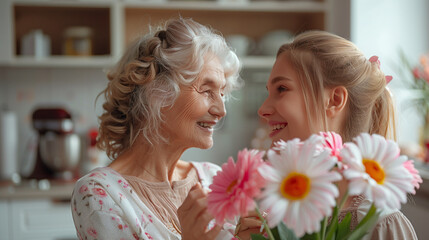 Fototapeta na wymiar An older woman and a young girl stand together, holding vibrant flowers in their hands, symbolizing the beauty and connection between different , Mother`s Day conceptgenerations
