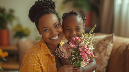 A woman cradles a child in one arm while holding a vibrant bouquet of flowers in the other, Black Mother with child, Mother`s Day Concept - Powered by Adobe