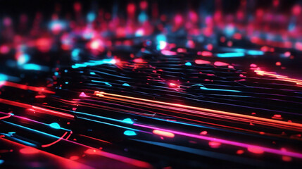 Neon abstract laser strips showing perspective, bokeh