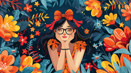 Obraz na płótnie Canvas A vibrant painting of a woman with oversized glasses and a playful bow in her hair, exuding confidence and style, Mother`s Day Background