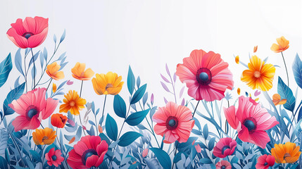 A vibrant painting featuring a variety of colorful flowers in full bloom against a crisp white background, Mother`s Day Background