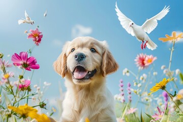 Puppy Retriever with two white doves flying in the background with a blue sky and beautiful,...