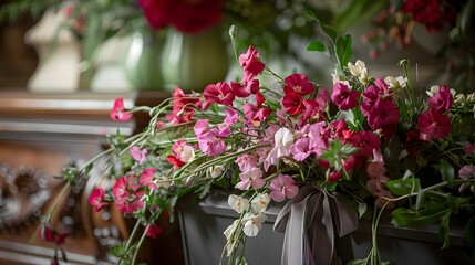 Fototapeta premium Vintage Elegance Pink and Red Sweet Peas Adorn Antique Wooden Casket in Nostalgic Setting