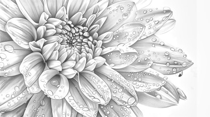 Hyper-realistic pencil drawing of a dewy Chrysanthemum, focusing - obrazy, fototapety, plakaty