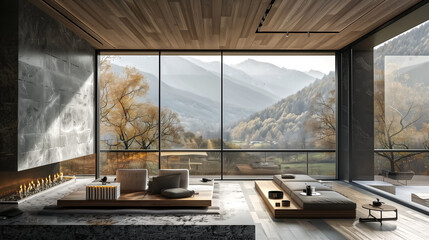 Luxury mountain resort, blending into natural landscape with min