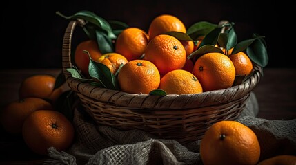 Fresh Orange Fruits in a bamboo basket with blur background