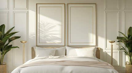 Frame mockup.White tone minimalist style bedroom home interior