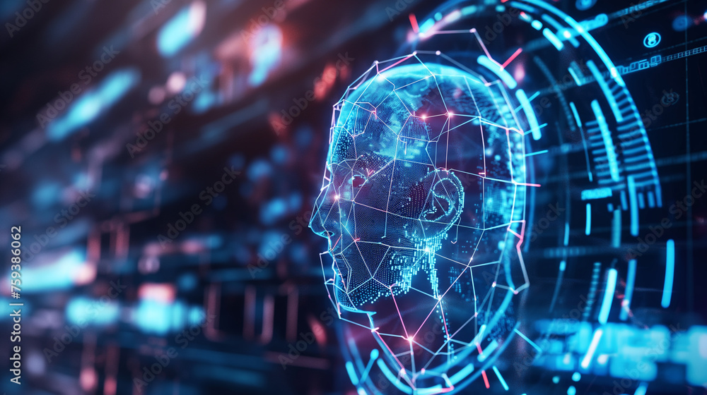 Aufkleber virtual human silhouette in 3d circuit format, artificial intelligence background and deep learning 