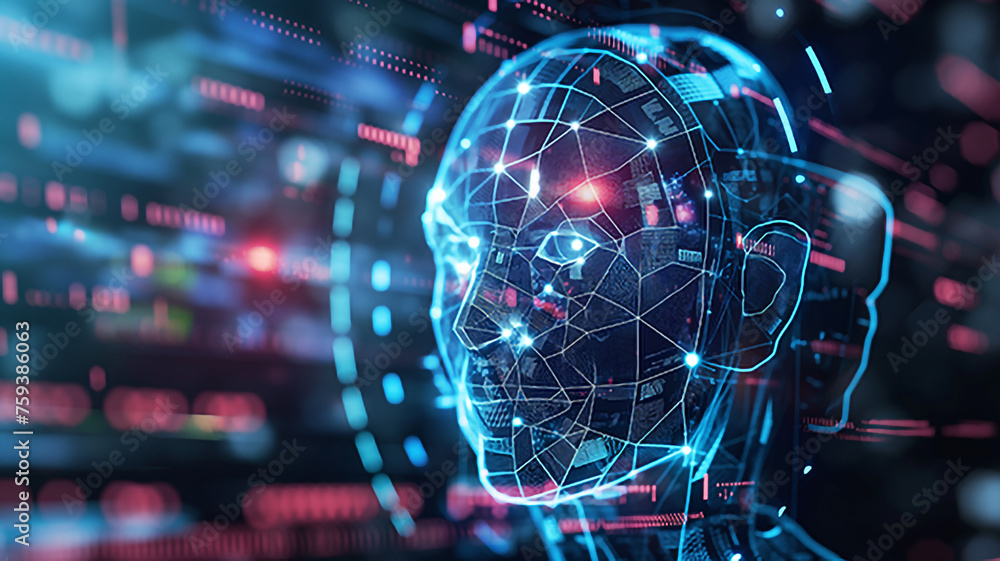 Aufkleber virtual human silhouette in 3d circuit format, artificial intelligence background and deep learning 