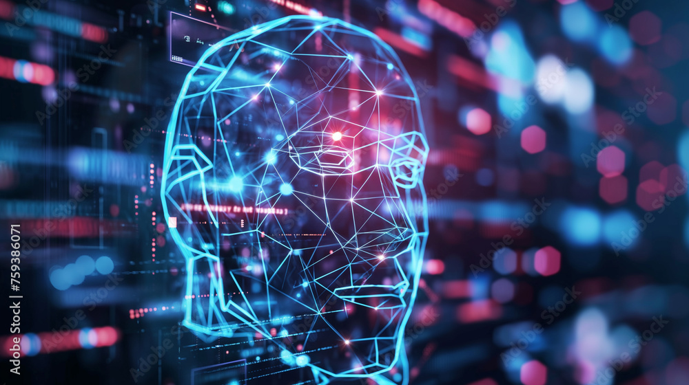 Poster virtual human silhouette in 3d circuit format, artificial intelligence background and deep learning 