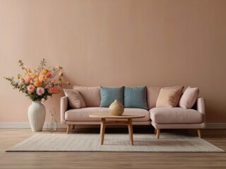 Interior background of room with sofa and flower vase 3d rendering