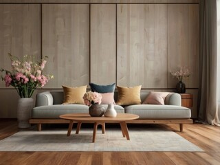 Interior background of room with sofa and flower vase 3d rendering