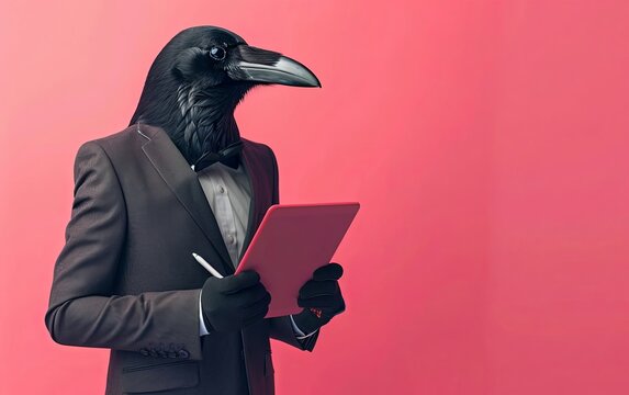 Black crow bird in suit holding a tablet while working on bright pastel background. advertisement. presentation. commercial. editorial. copy text space.