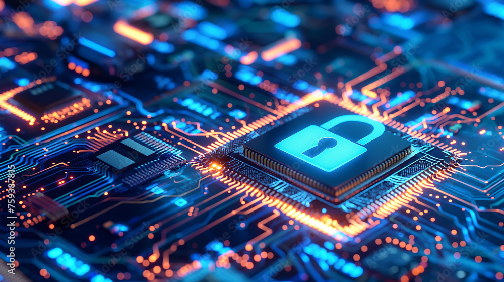 Poster blue electronic circuit board with processor and keys exhibits computer technology and hardware engi