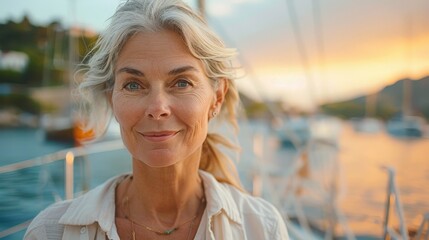 Smiling woman on the deck of a sailing yatch - obrazy, fototapety, plakaty
