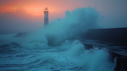 Waves crushing against a lighthouse in a stormy evening - obrazy, fototapety, plakaty