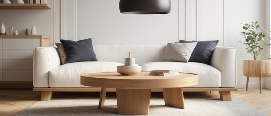 Obraz na płótnie Canvas Scandinavian home interior design. Round wood coffee table against white sofa. 