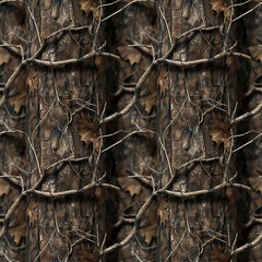Forest Camouflage Pattern with Tree Branches and Twigs. Seamless Repeatable Background.