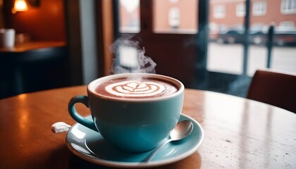 Dark coffee mug on wooden table steams 