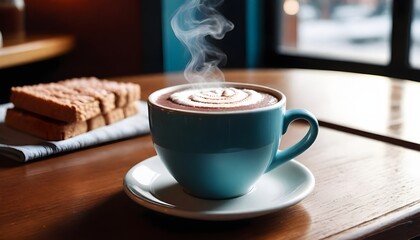 Dark coffee mug on wooden table steams 