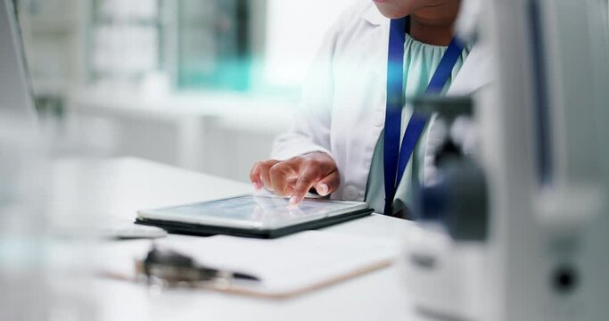 Science, research and hands of person with tablet for medical study, results or online review. Digital app, scroll and scientist in laboratory with internet search for info on pharmaceutical website.