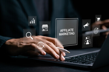 Affiliate marketing. Marketing strategies to advertise products and services. Businessman using...