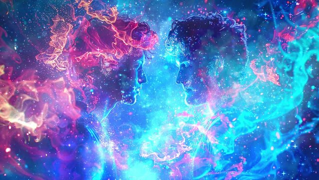 a mesmerizing composition materializes with two men. seamless looping overlay 4k virtual video animation background