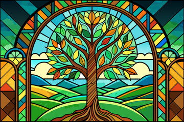 A stained glass window with a tree of life design