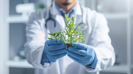 Close-up of a doctor holding a plant in his hands.