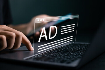 Businessman use laptop with advertising on website. Digital marketing commerce online sale concept....