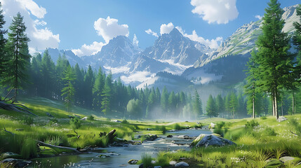 Fototapeta premium Mountain landscape with lake and forest in the foreground. 