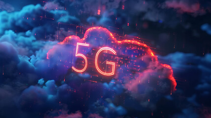 5G network concept. Red neon sign on dark blue cloudy background. 