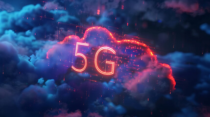 Obraz premium 5G network concept. Red neon sign on dark blue cloudy background. 