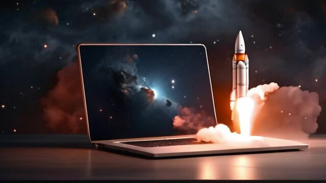 Launching Space Rocket From Laptop Screen startup business project