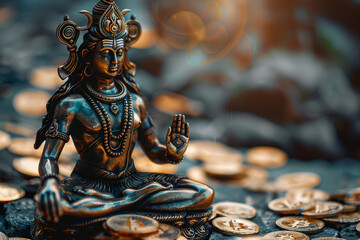 Real photo of The Brahma god hold bitcoin and sitting on Huge pile of Bitcoin coins investment concept.