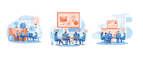 Business Meeting concept. Corporate business team having a meeting in a virtual office room. remote work and teamwork concept. Set flat vector modern illustration