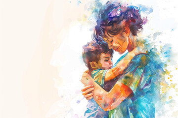 watercolor hand draw Mother holding her son on white background - obrazy, fototapety, plakaty